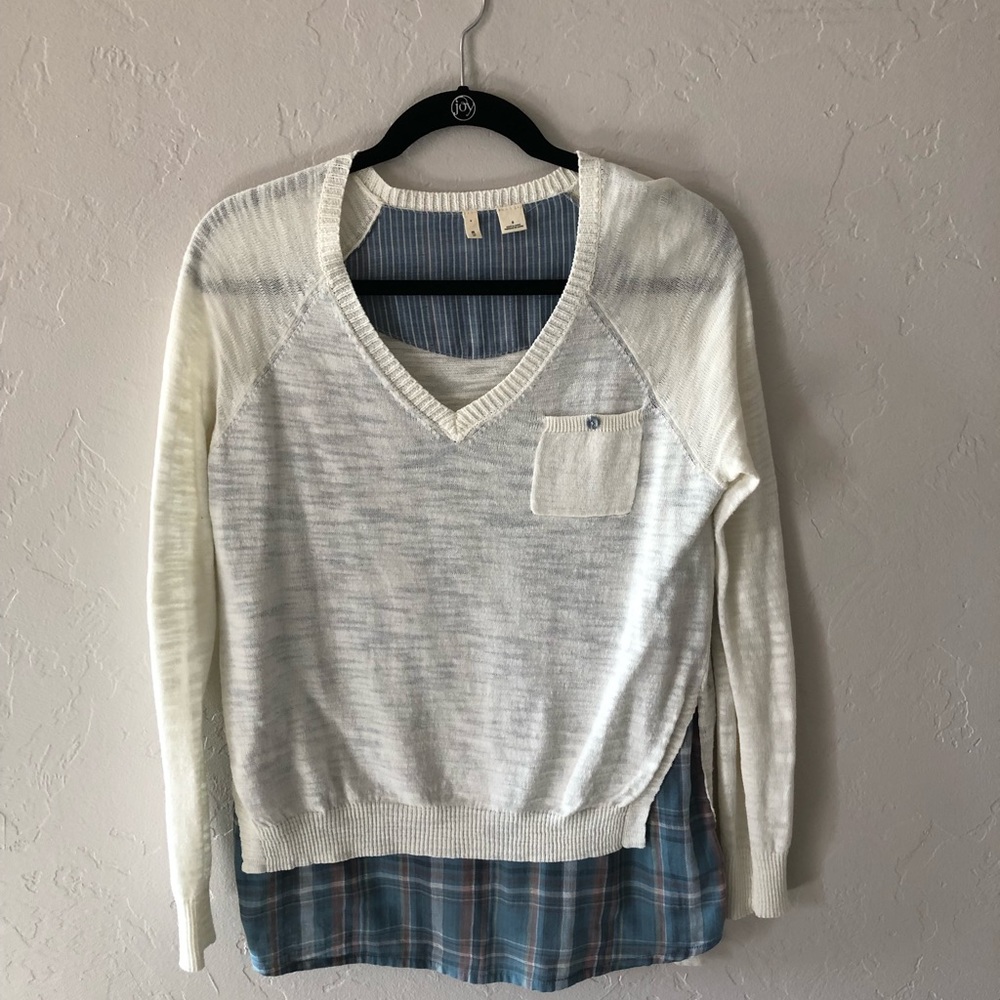 MOTH Anthropologie Layered Blue Plaid and Cream Sweater